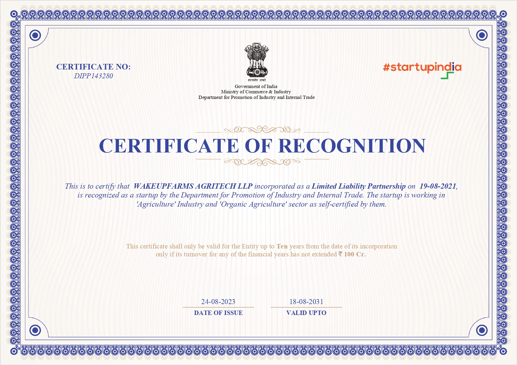 DPIIT recognition certificate